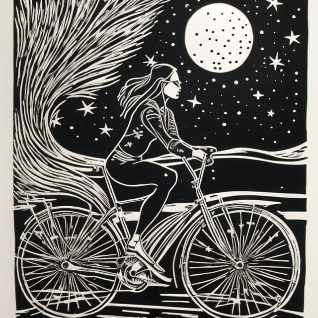 Linocut Print of Woman Biking Under Moon