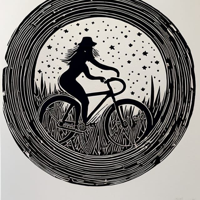 Woman Cycling Under Moon: Linocut Print Style