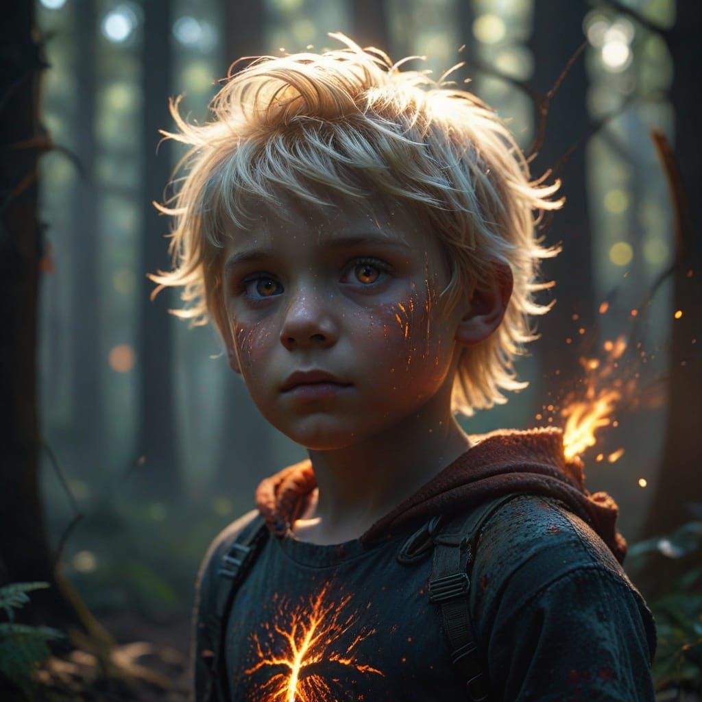 Child with Fiery Eyes in Dark Forest