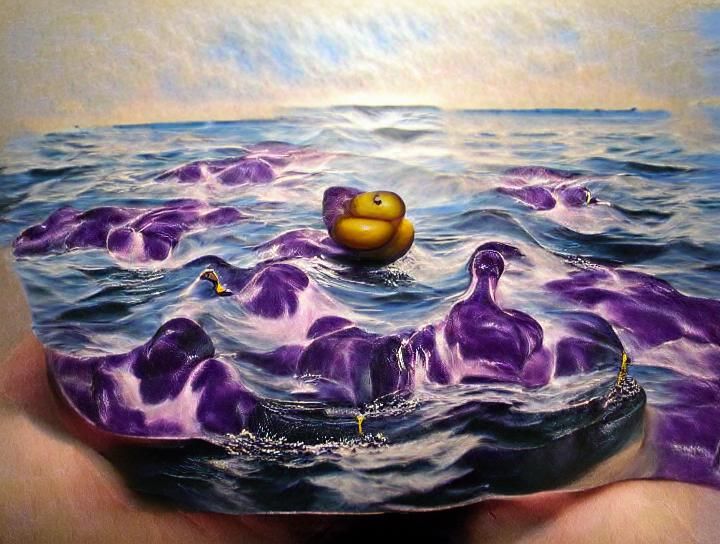 Rubber Ducky on Purple Ocean: Oil Painting
