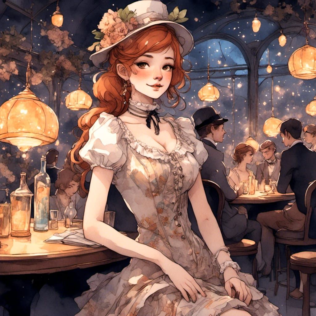 Fox-girl VIXEN wearing a Victorian 1910s Edwardian Cocktail Dress, visiting a night club.