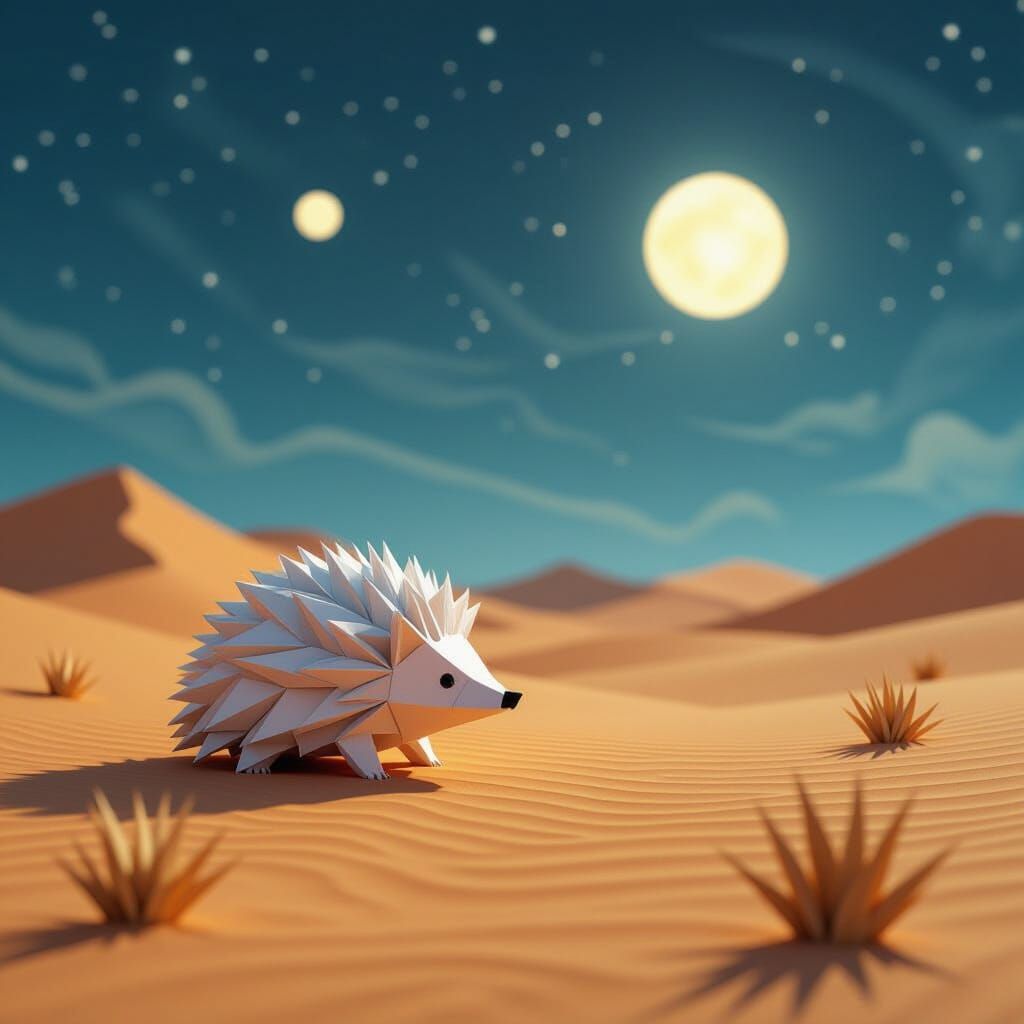 Paper Hedgehog in Alien Desert Under Nebula Sky