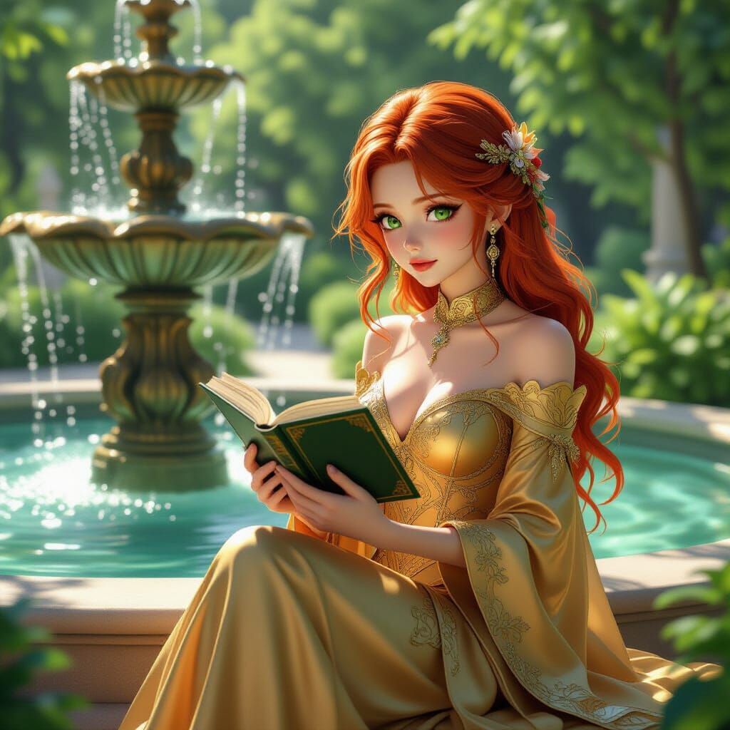 Anime Girl in Gold Dress Reading by Fountain