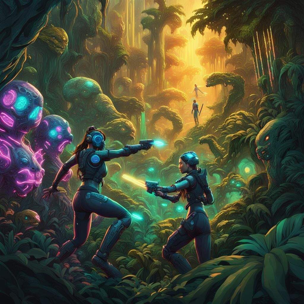 Cyberpunk Cyborgs Fight on Bioluminescent Jungle Planet
