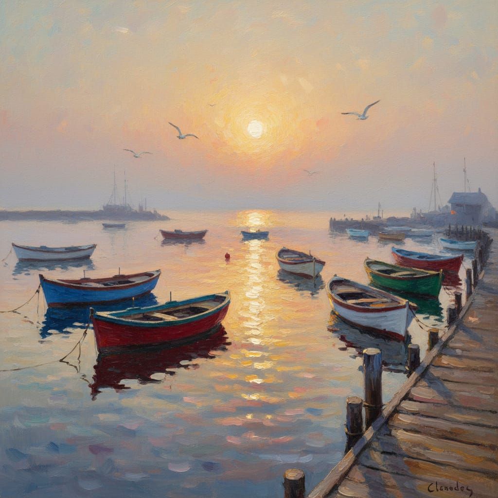 Sunrise Harbour: Colorful Boats in Impressionist Style