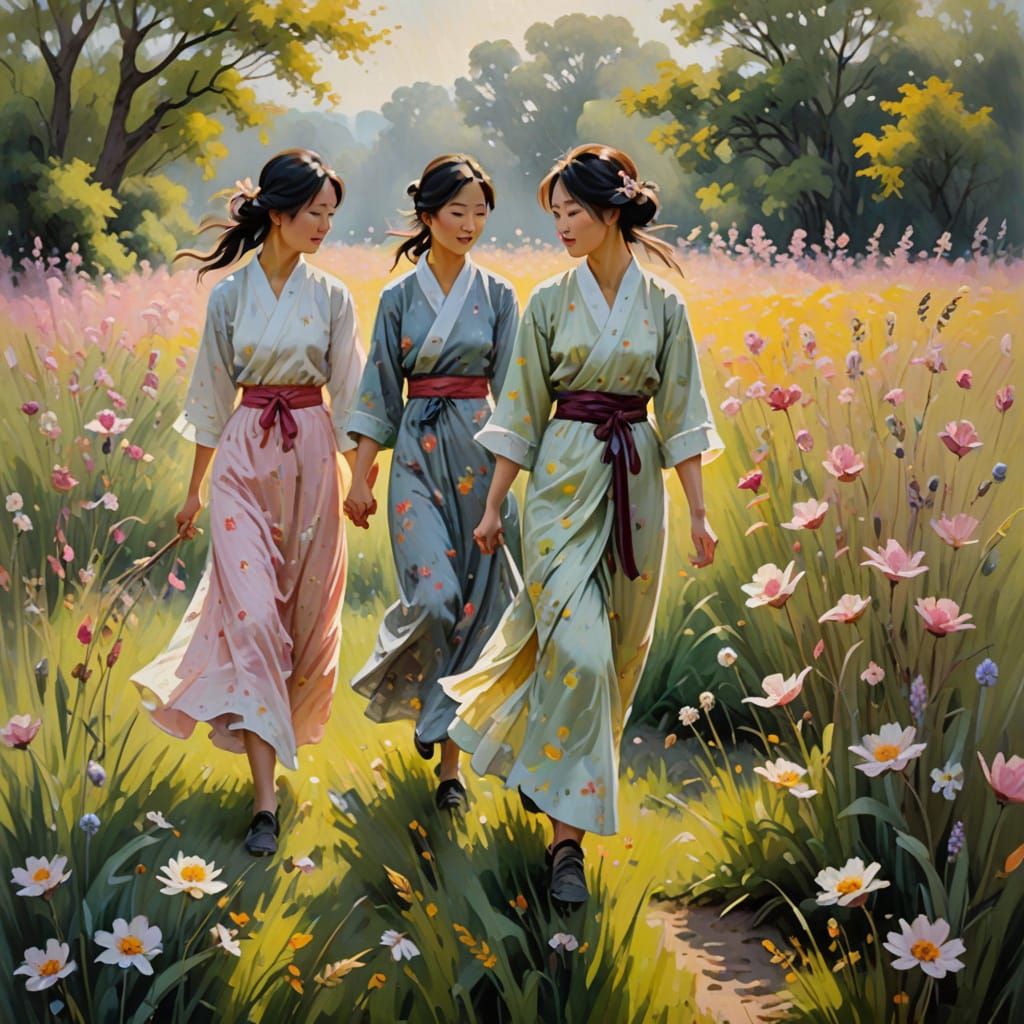 Impressionist Oil Painting of Chinese Ladies in Flower Field