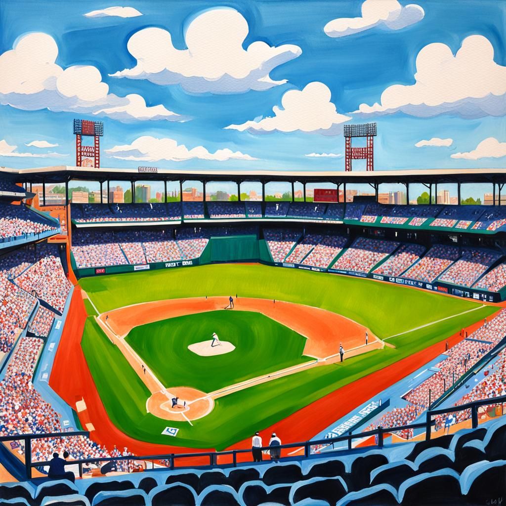 Detailed Gouache Painting of Ballpark in Spring