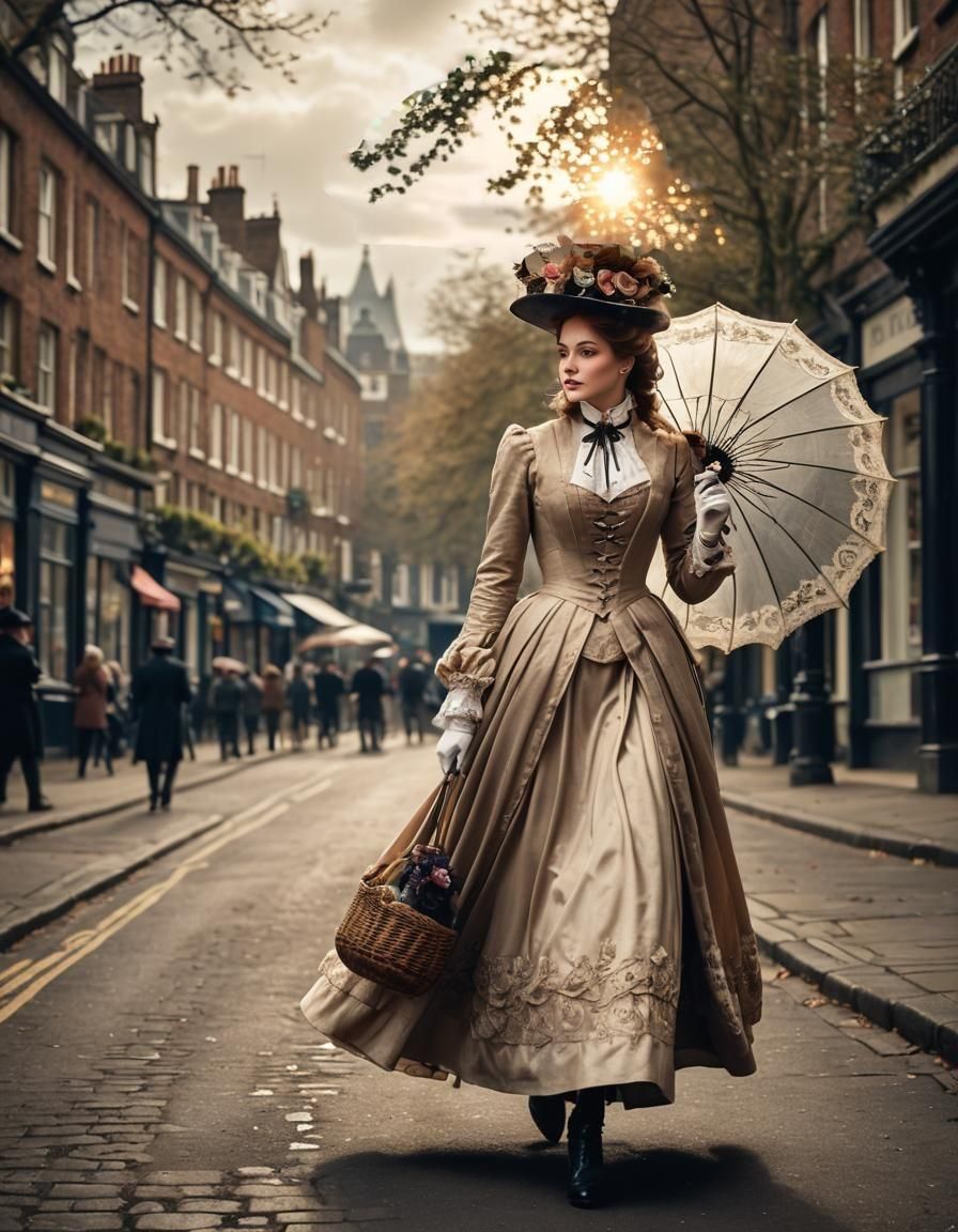 Victorian London Street Scene with Cobblestones