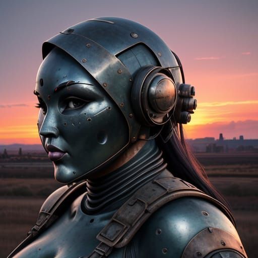 Giant Iron Woman Head in Vintage Sci-Fi Style