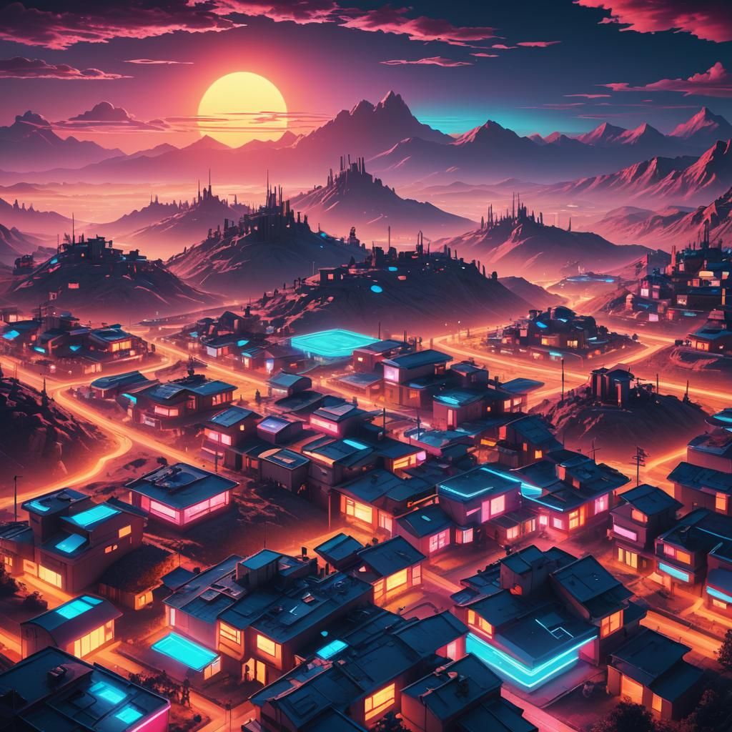 Neon Vaporwave Futuristic Village in Sunlight