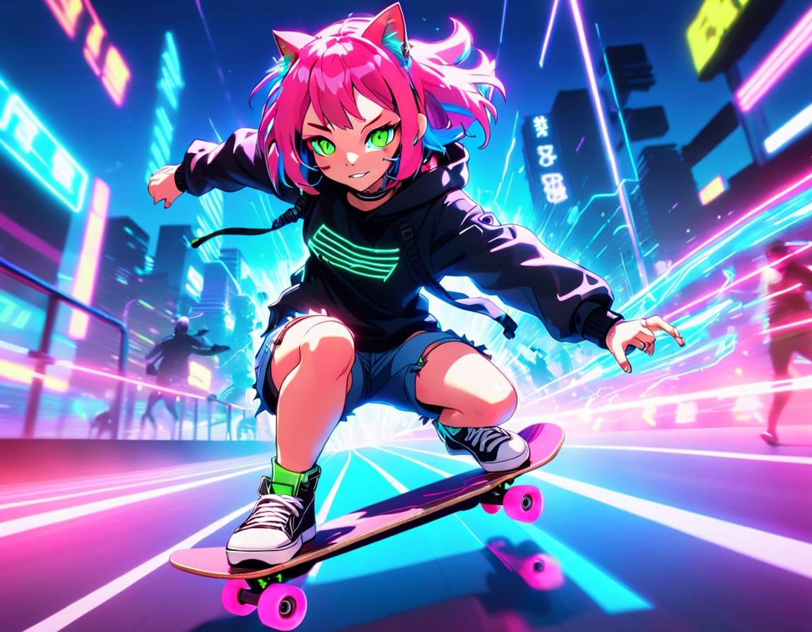 Catgirl flying on skateboard