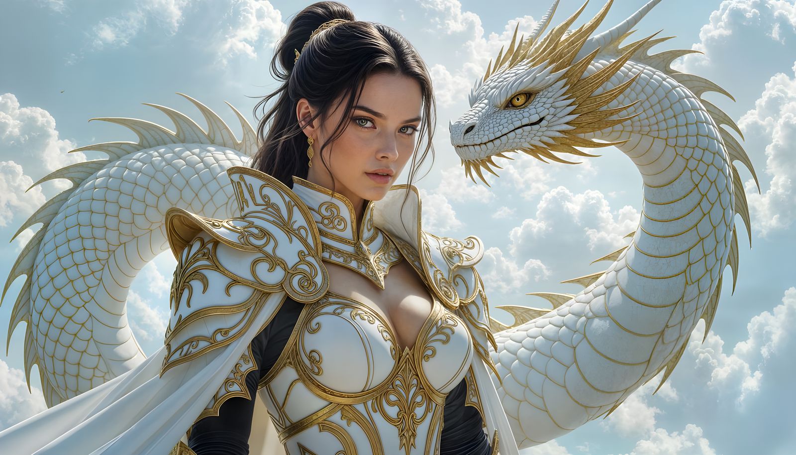 Dragon Coiling Around Woman in Gold Armor