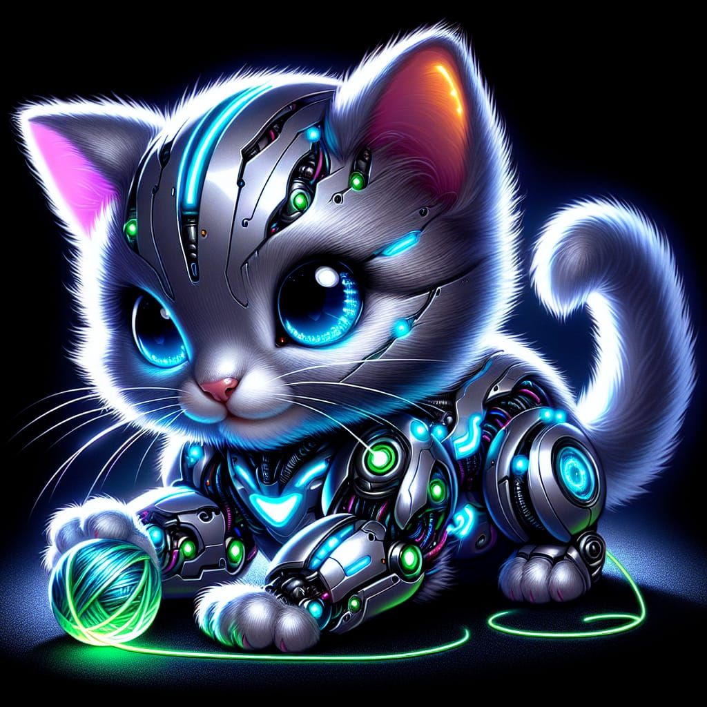 Adorable Cybernetic Kitten with Neon Accents