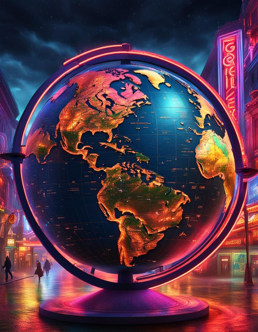 A globe view is focused on North America the word "Google, what time is it really" in large bold neon letters appears in...