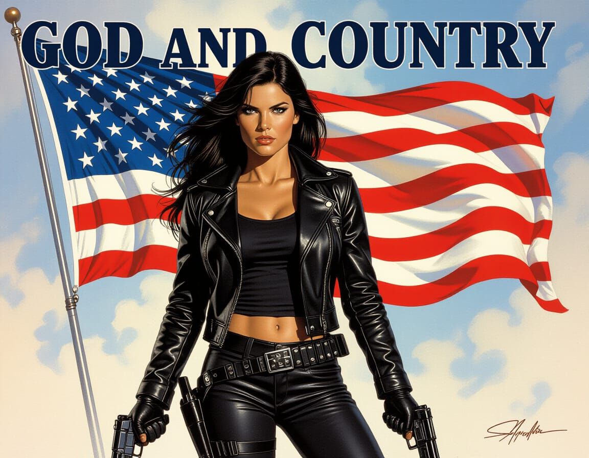 Confident Woman with Guns and US Flag