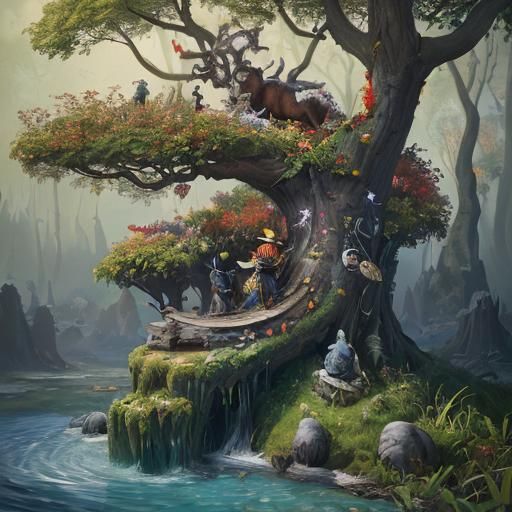 Anthropomorphic Character in a Bosch-Style Surreal Landscape