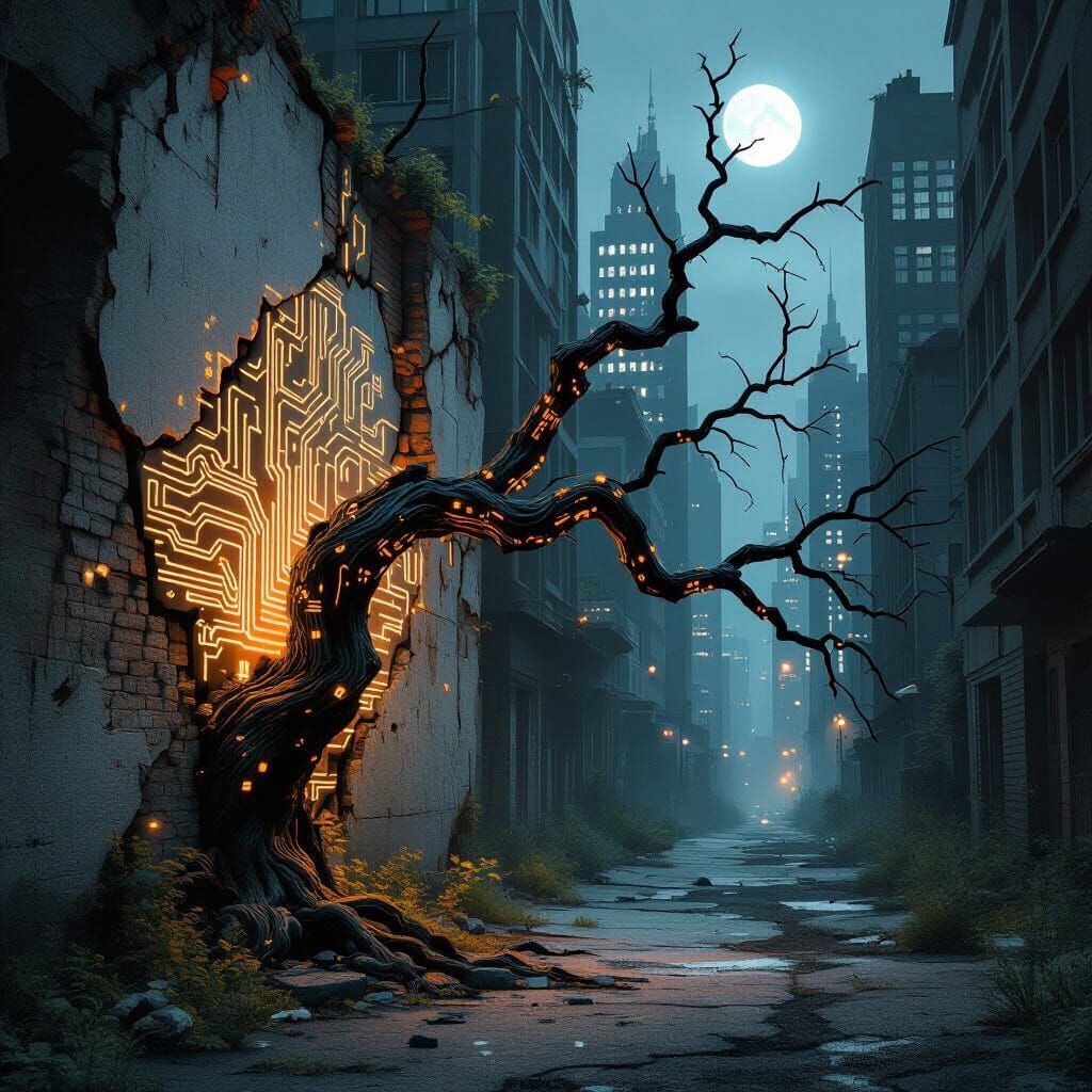 Ancient Oak Branch With Circuit Patterns Emerges From Concre...