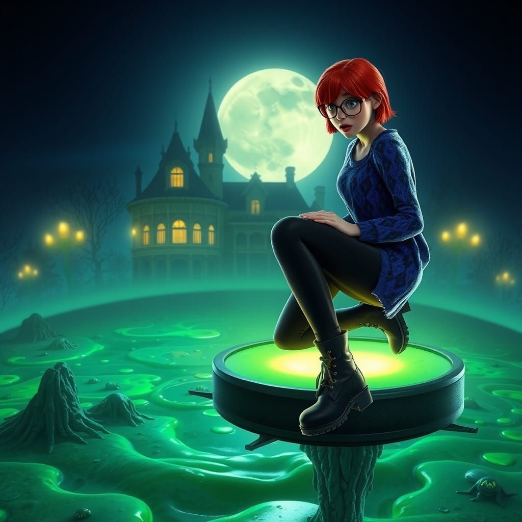 Frightened Woman on Glowing Platform, Victorian Mansion at F...