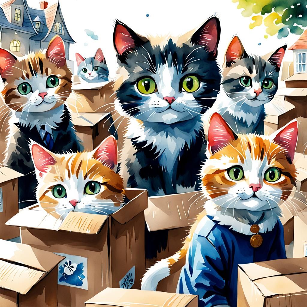 Cats in Boxes: Watercolor Children's Illustration