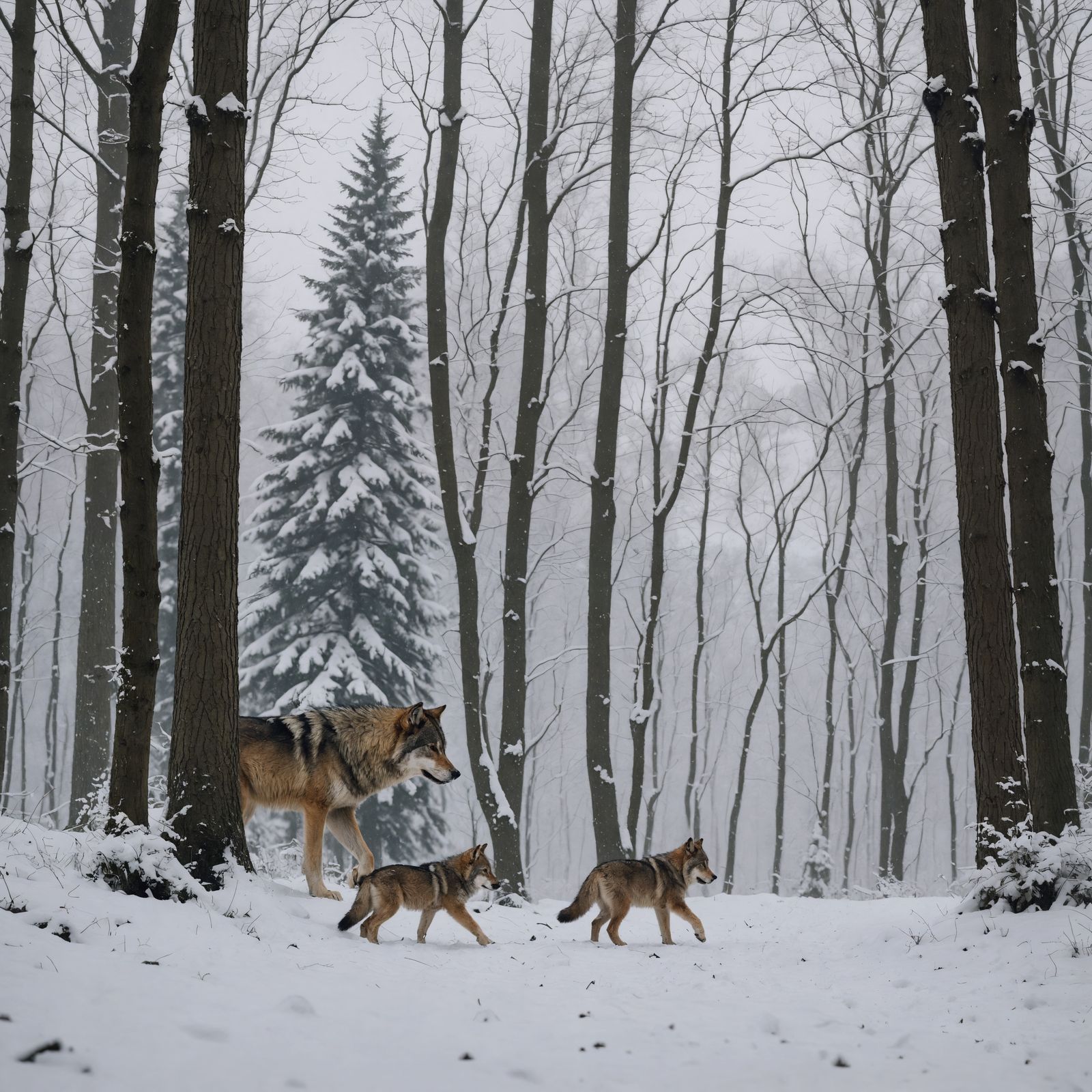 Wolf and Cub Walking in Snowy Woods