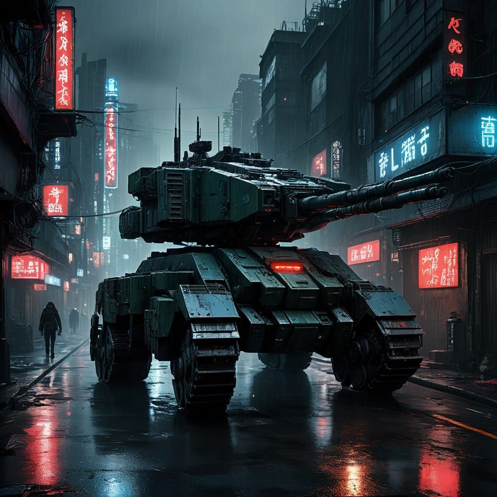 Cyberpunk Walking Tank in a Gritty Cityscape