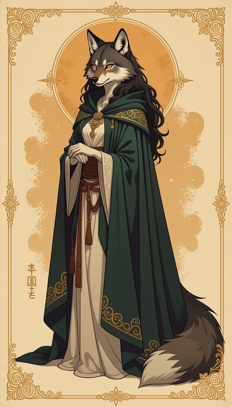 Half-Woman Half-Wolf in Mystical Realism Style