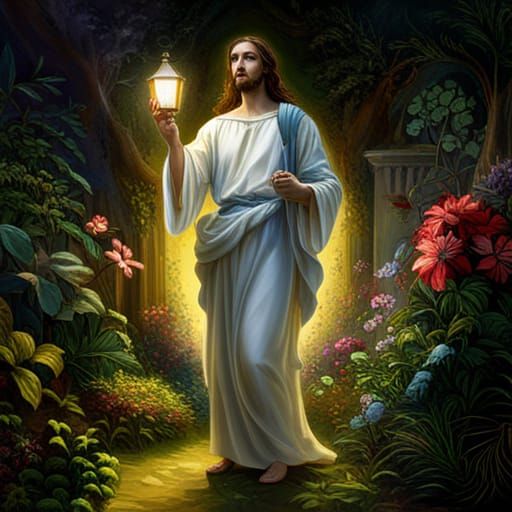 Jesus in Victorian Garden with Lantern