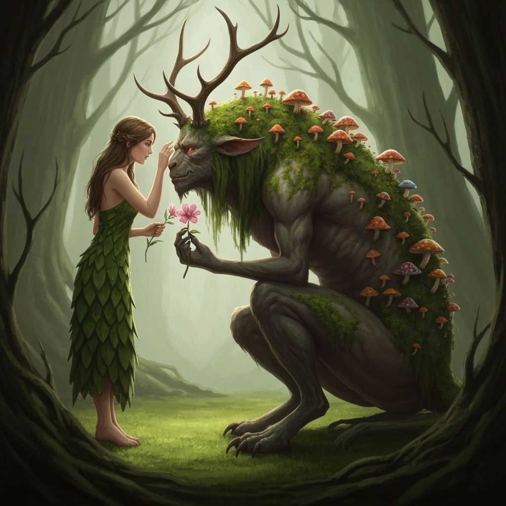 Dryad Princess Touches Mushroom Beast in Dead Forest