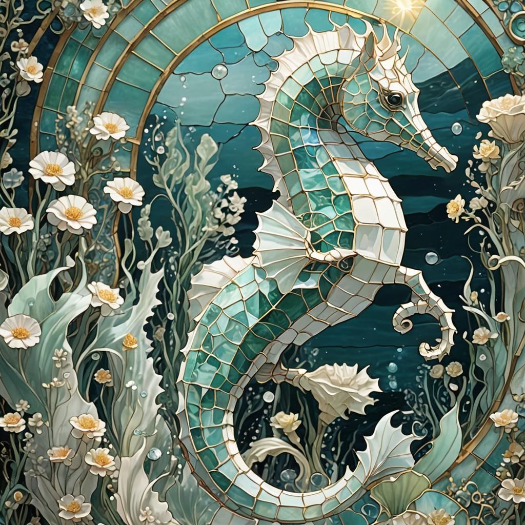 White Seahorse in Stained Glass, Miyazaki-Klimt Style