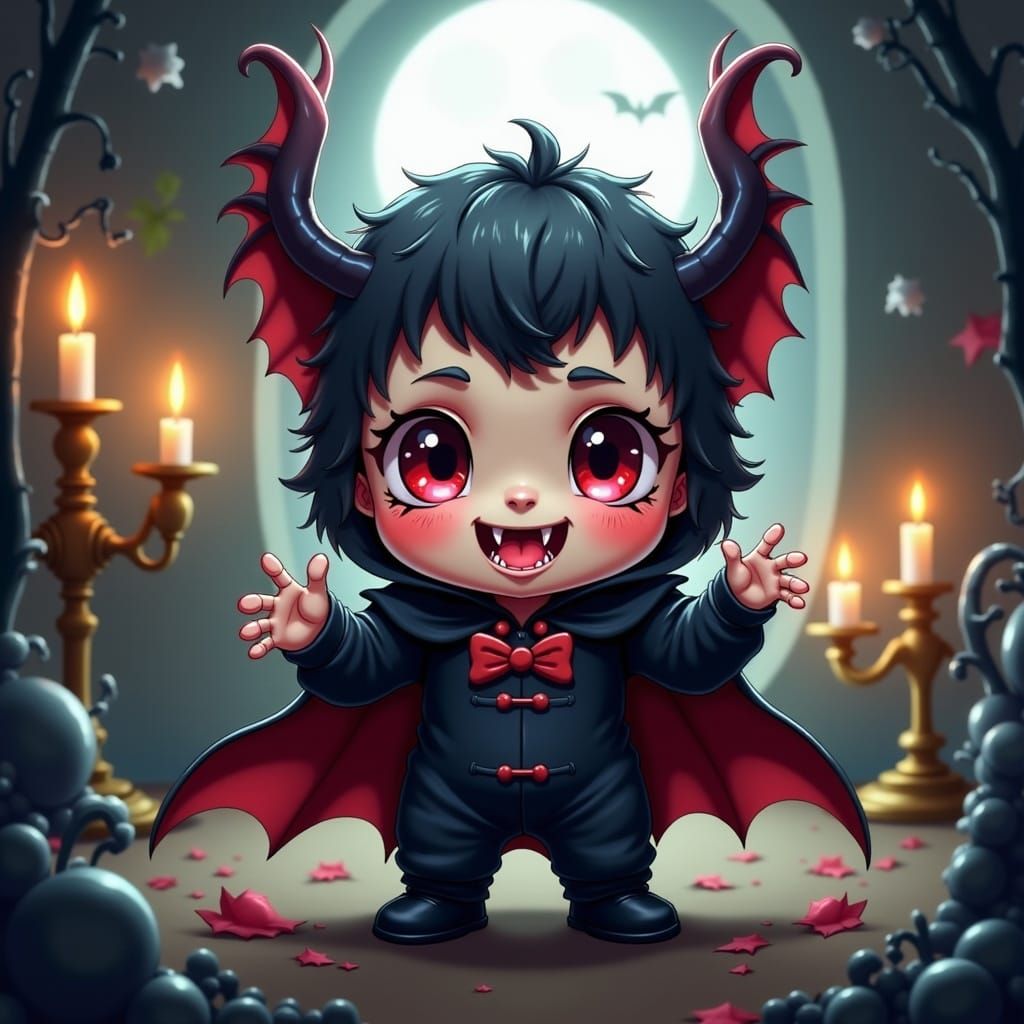 Chibi Vampire Baby Poses Under Moonlit Candelabras