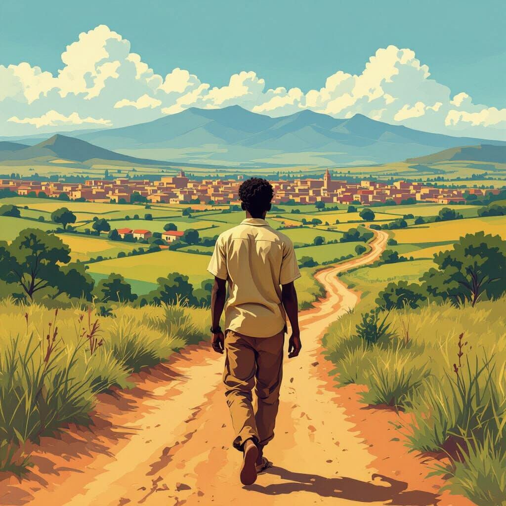 African Man Walks to City in Vibrant Landscape