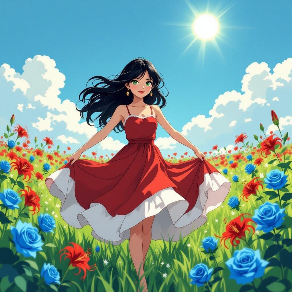 Girl Dances in Vibrant Floral Field under Sunny Sky