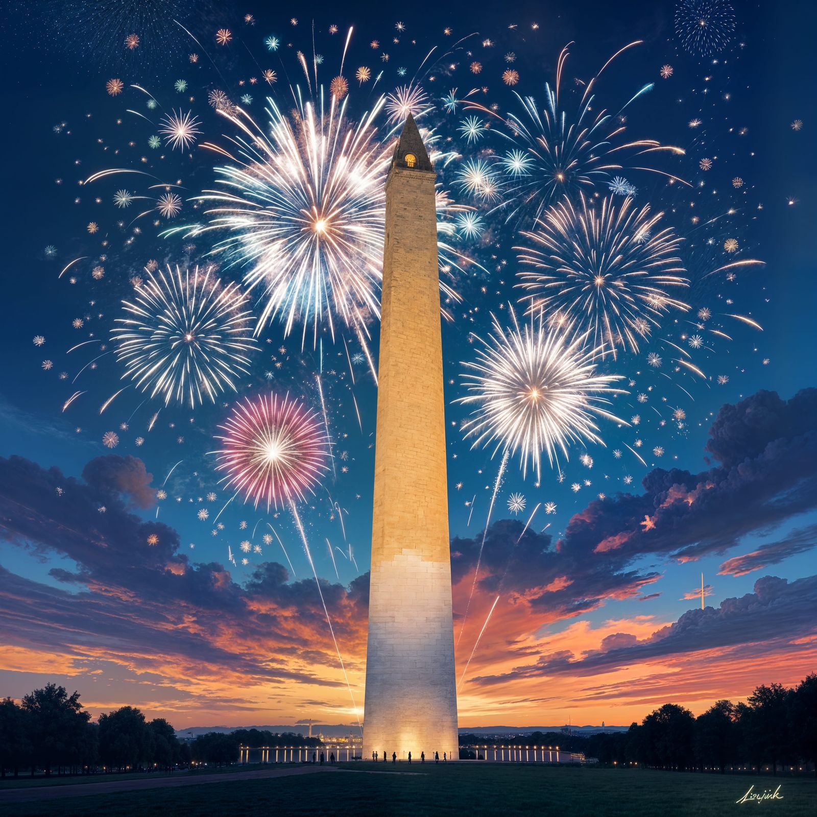 Washington Monument Fireworks Display at Night