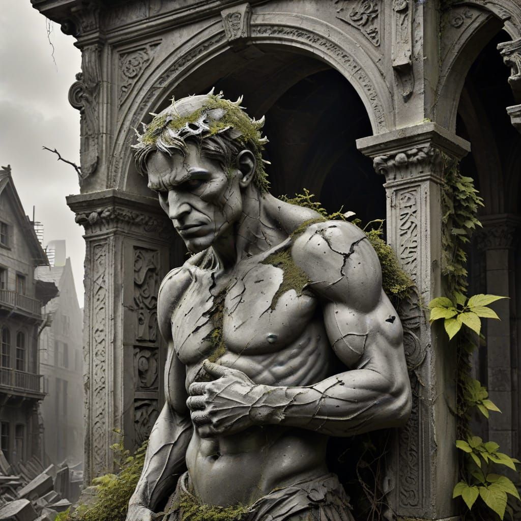 Gargoyle Guardian Mending Ruins with Vivid Accents