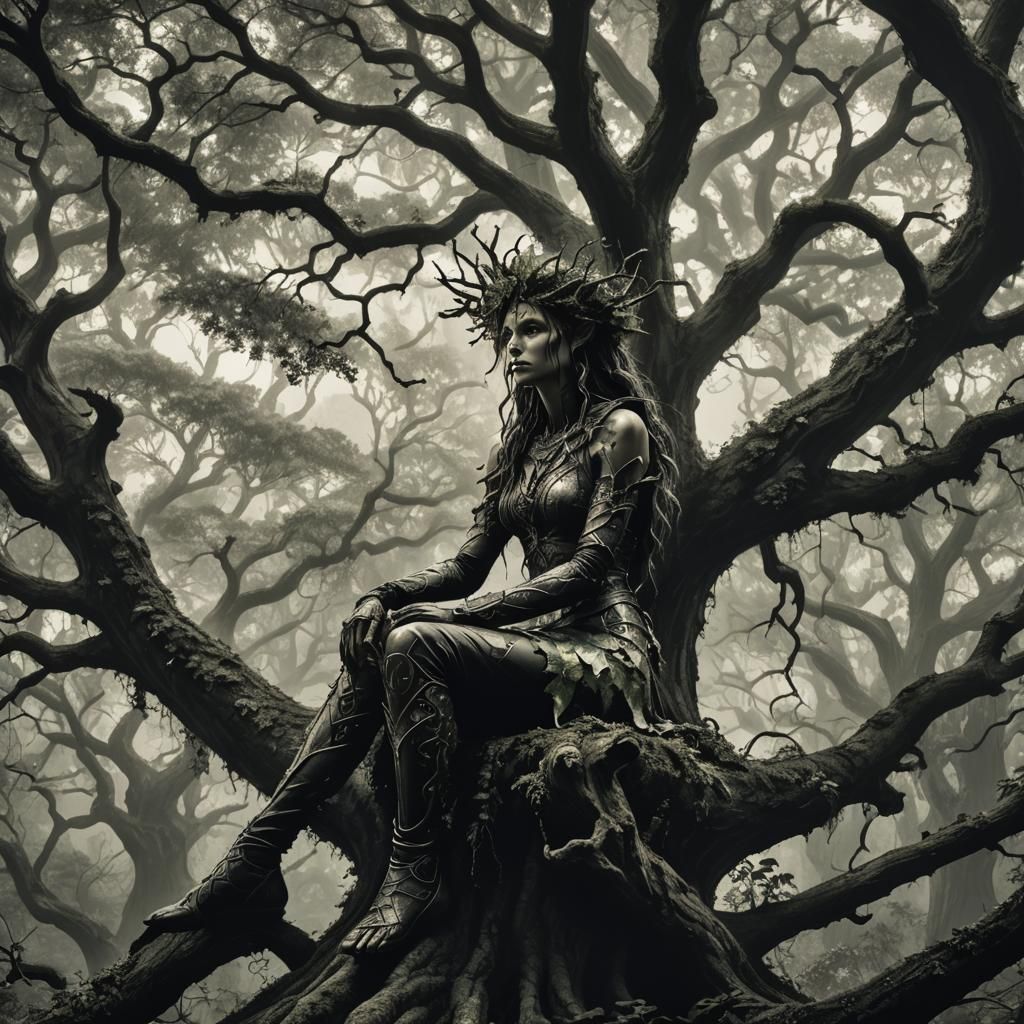 Dryad Guardian in Leafy Oak Tree