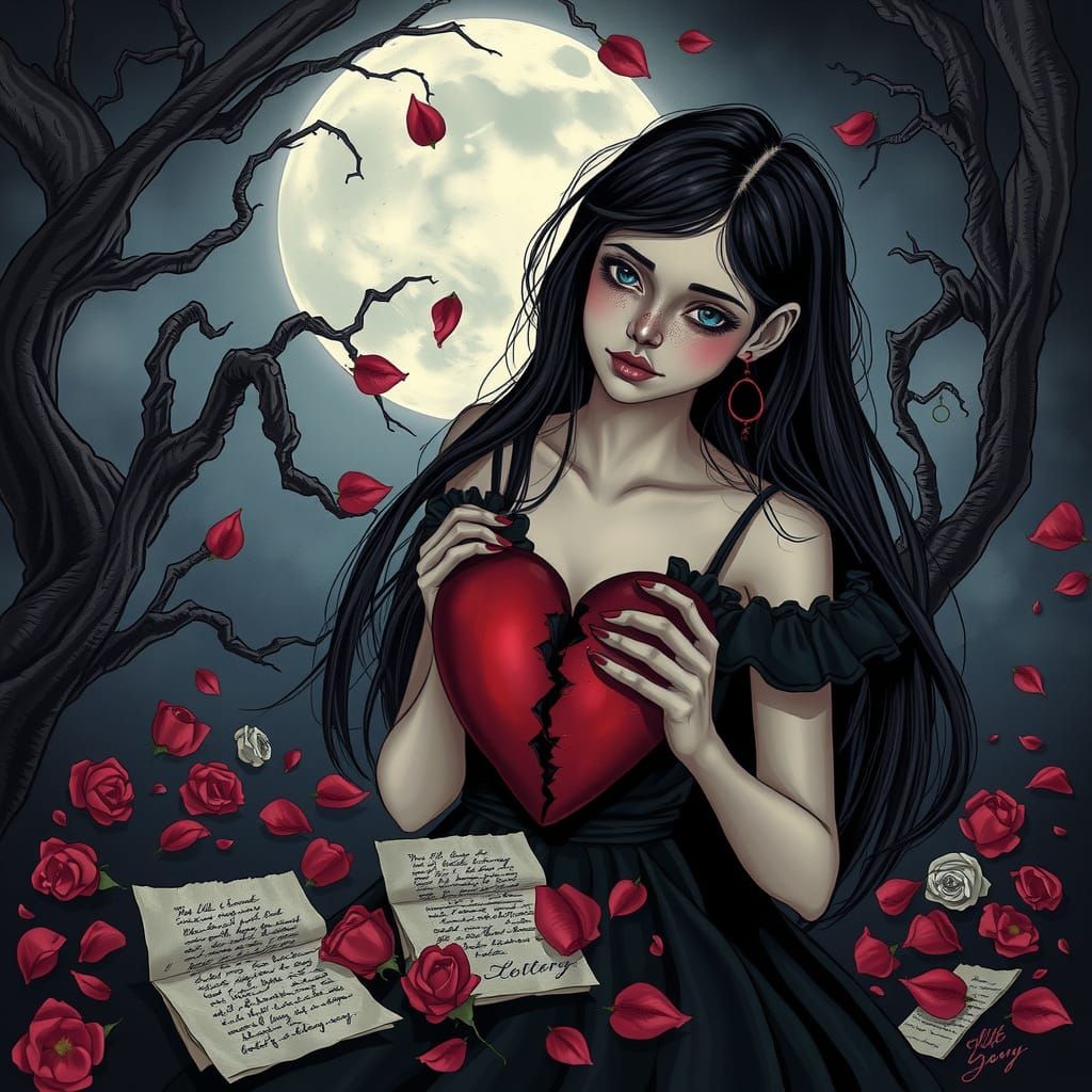 Ethereal Goth Girl with Shattered Heart