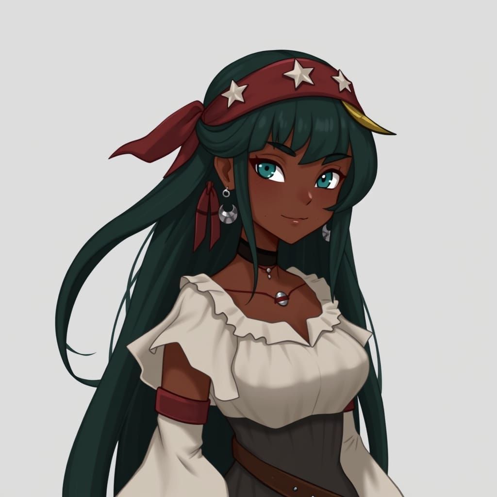 Pirate Character with Dark Green Hair and Pirate Attire