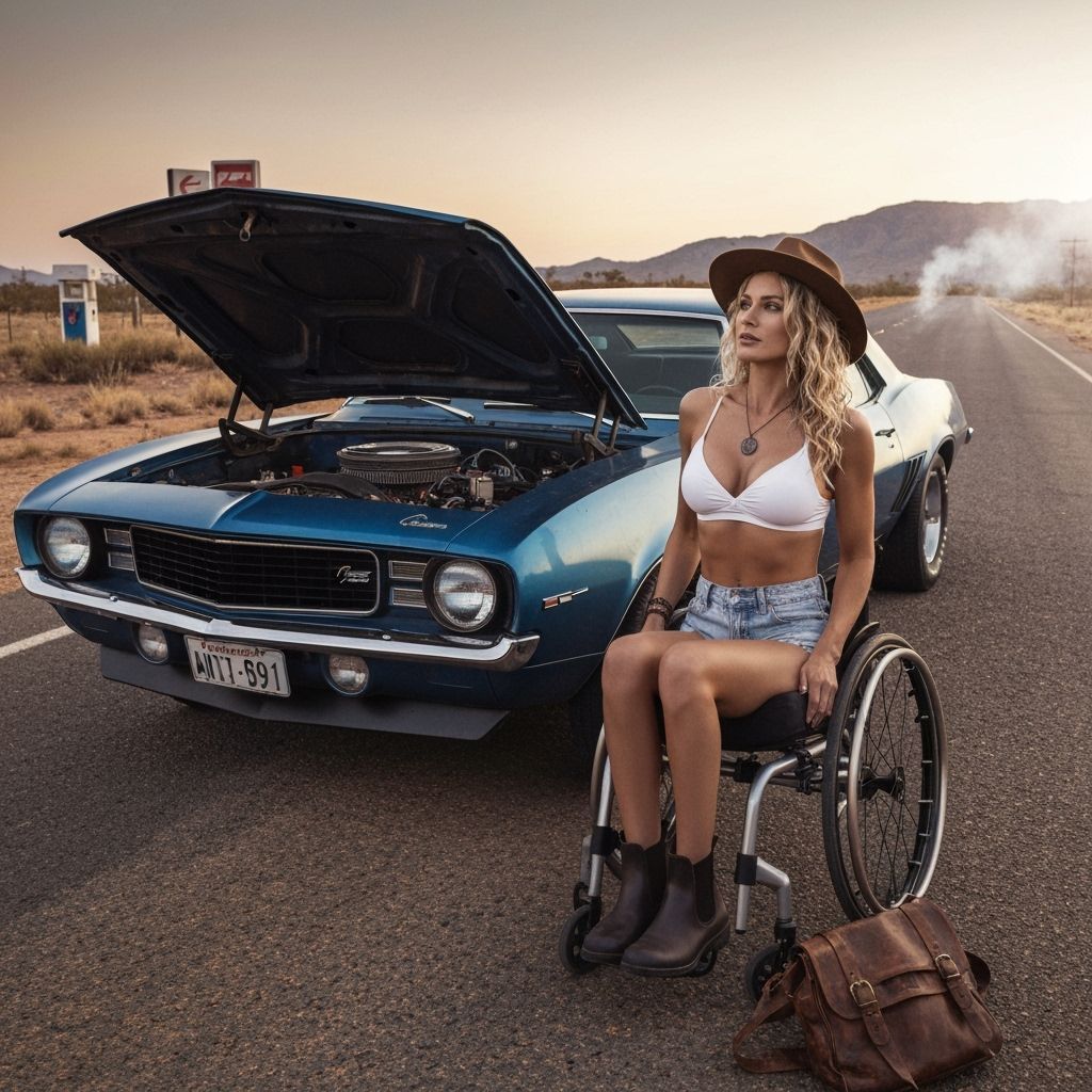 Paraplegic Woman and Camaro in Outback Sunset