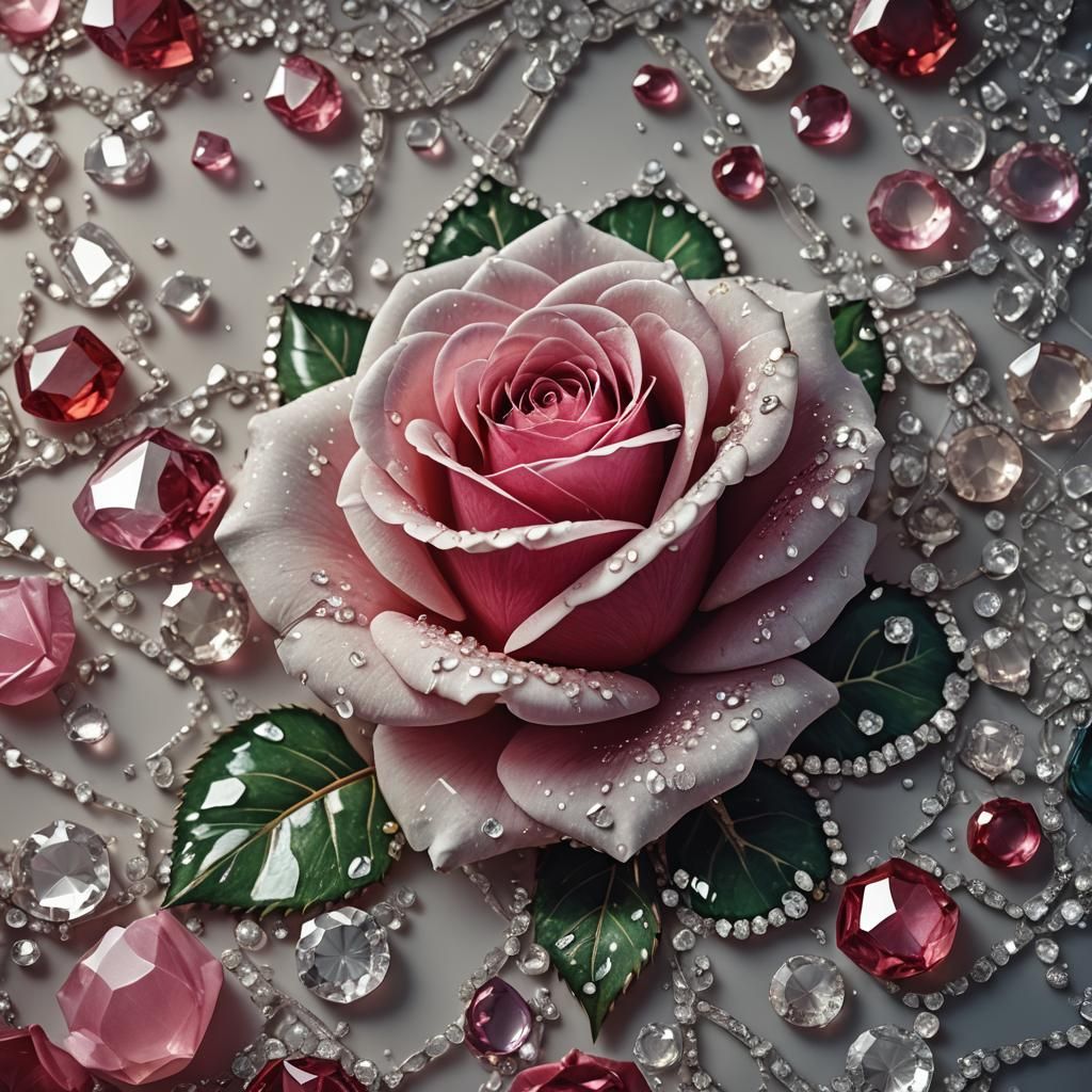 Gem-Filled Rose on Diamond Backsplash: Cinematic Still