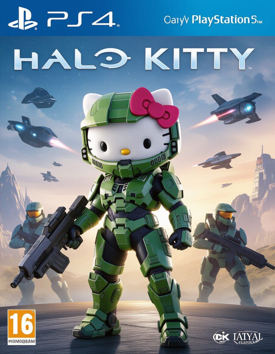 Hello Kitty in Halo Armor Cyberpunk Game Cover