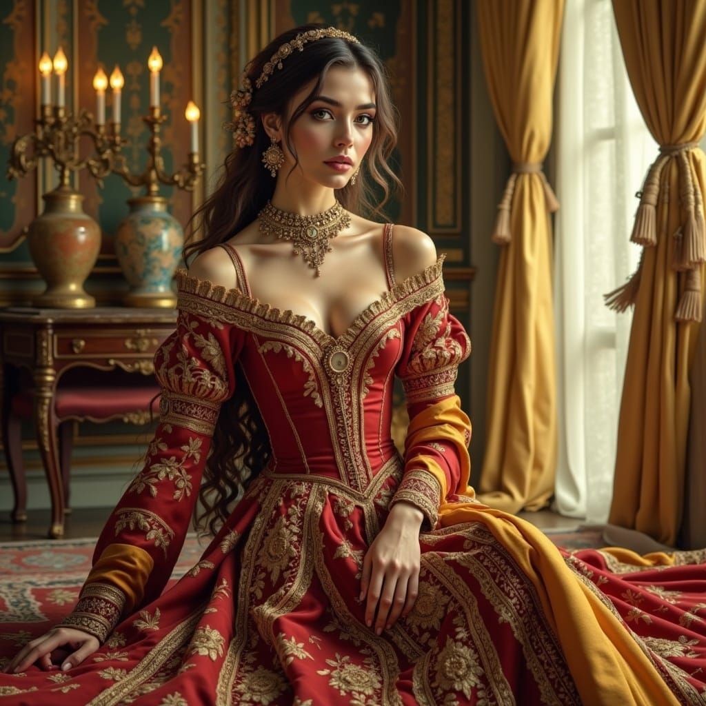 Medieval Woman in Opulent Room with Intricate Embroidery