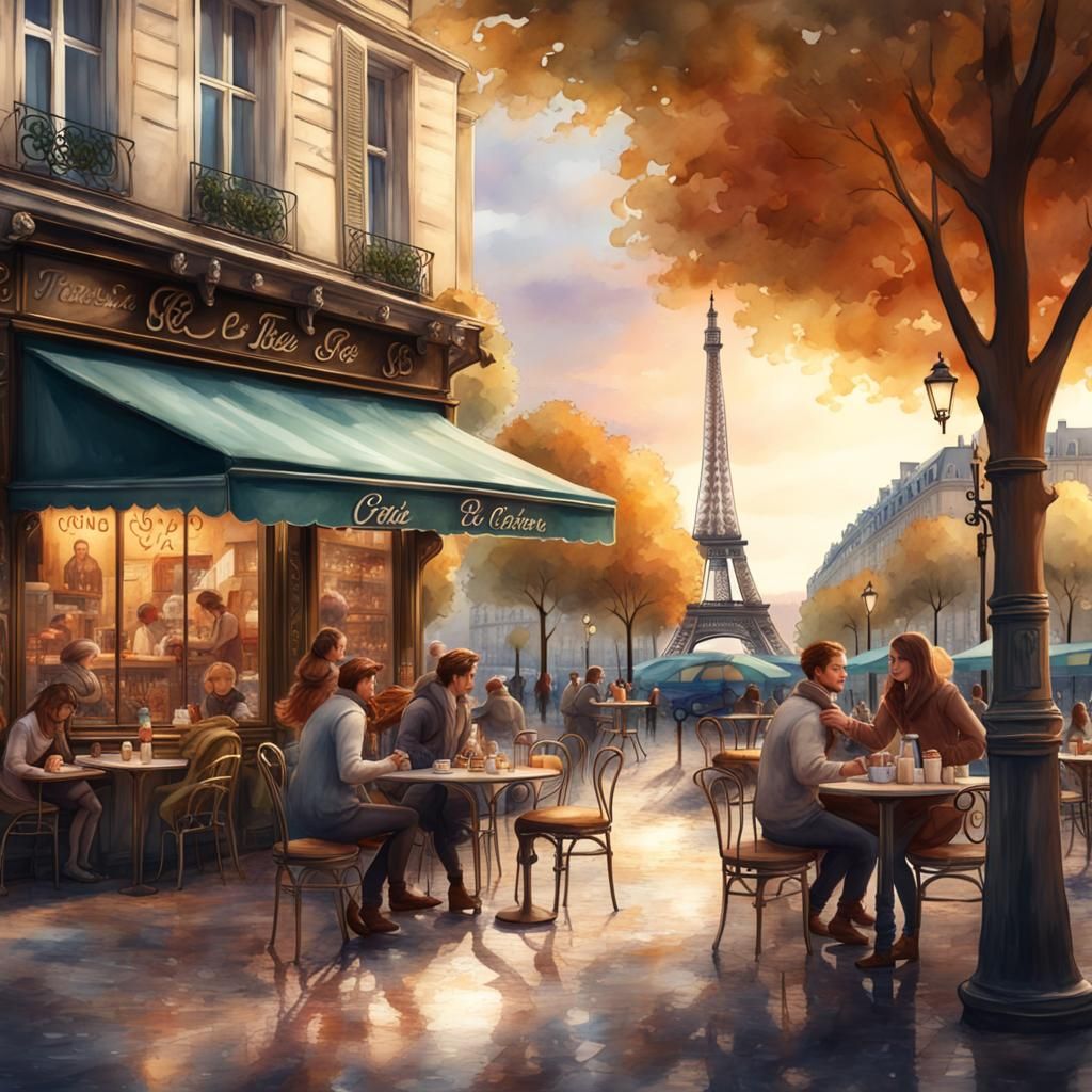 Charming Paris Cafe Scene with Eiffel Tower