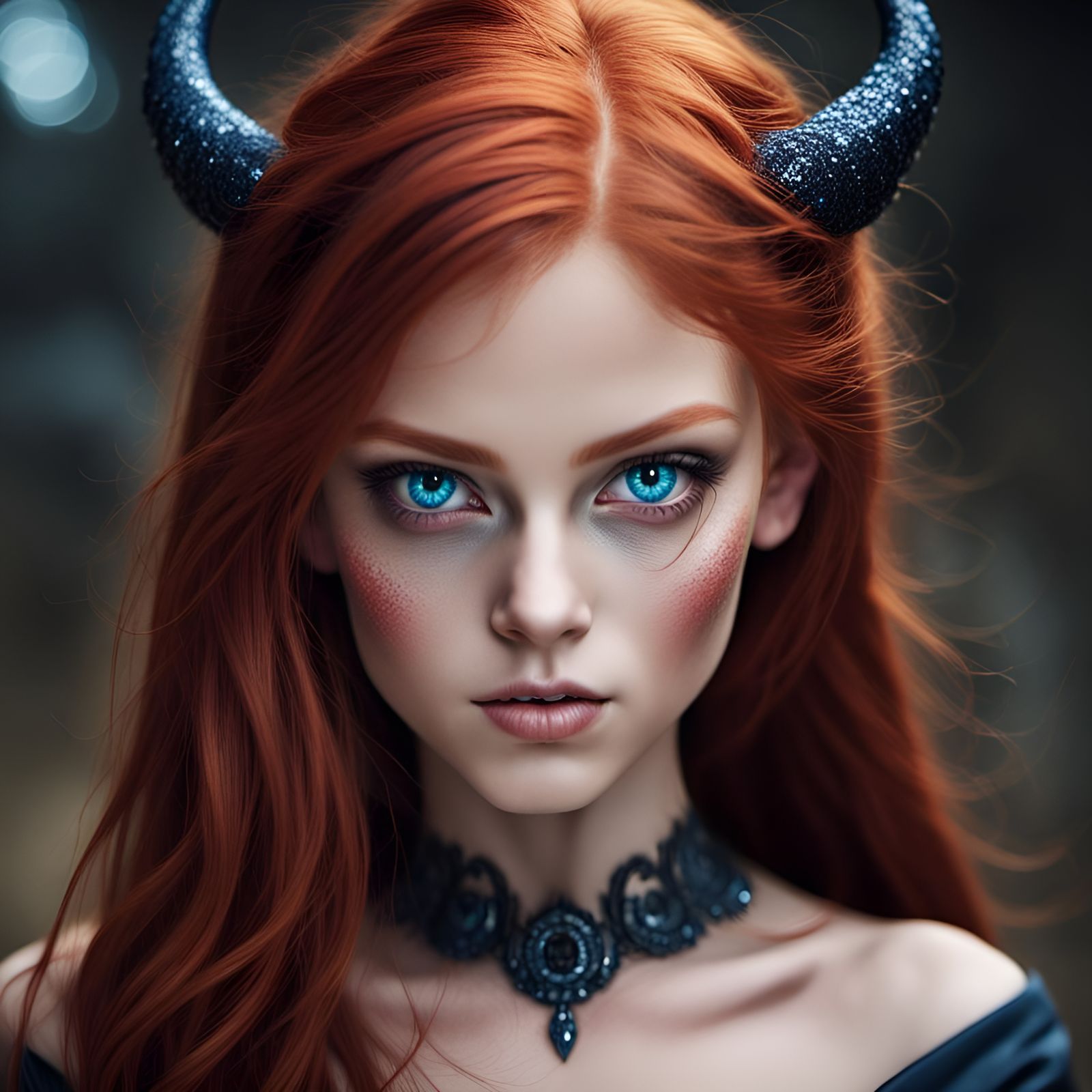 Striking Demon with Red Hair and Blue Eyes