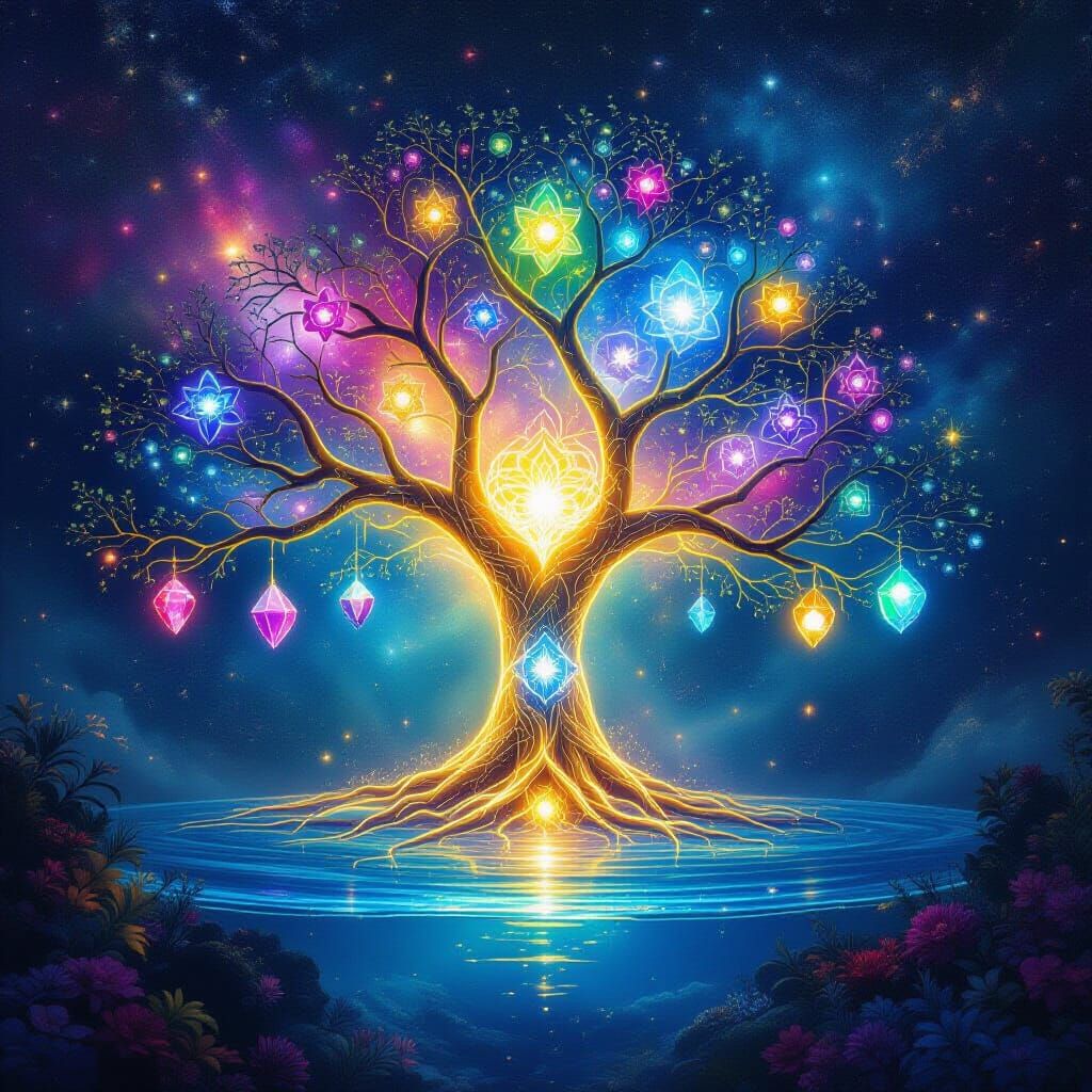 Cosmic Tree of Life with Chakra Crystals Underwater