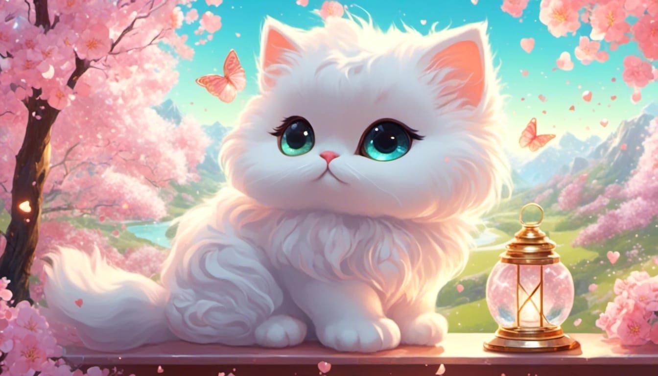 <lora:eye:1.0>  cute, fluffy cats,chibi cat sitting on sunny spring scene, birds diamond lamp hearts