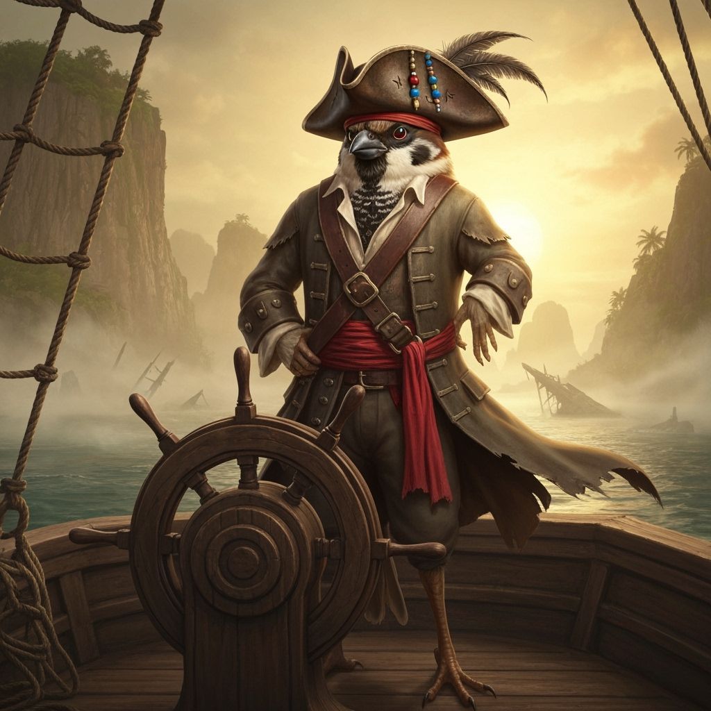Sparrow as Pirate Captain on Ship at Sunset