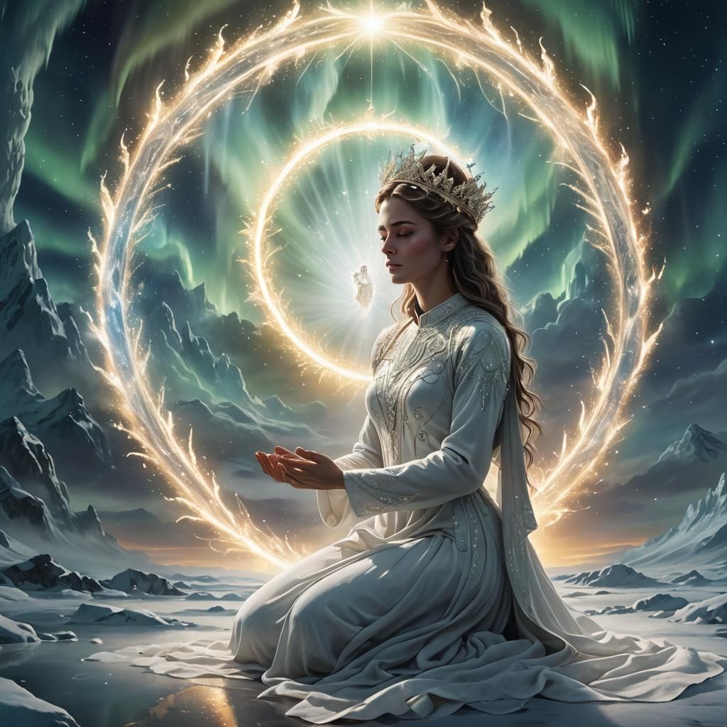 Woman Praying with Aurora Crown, Digital Painting