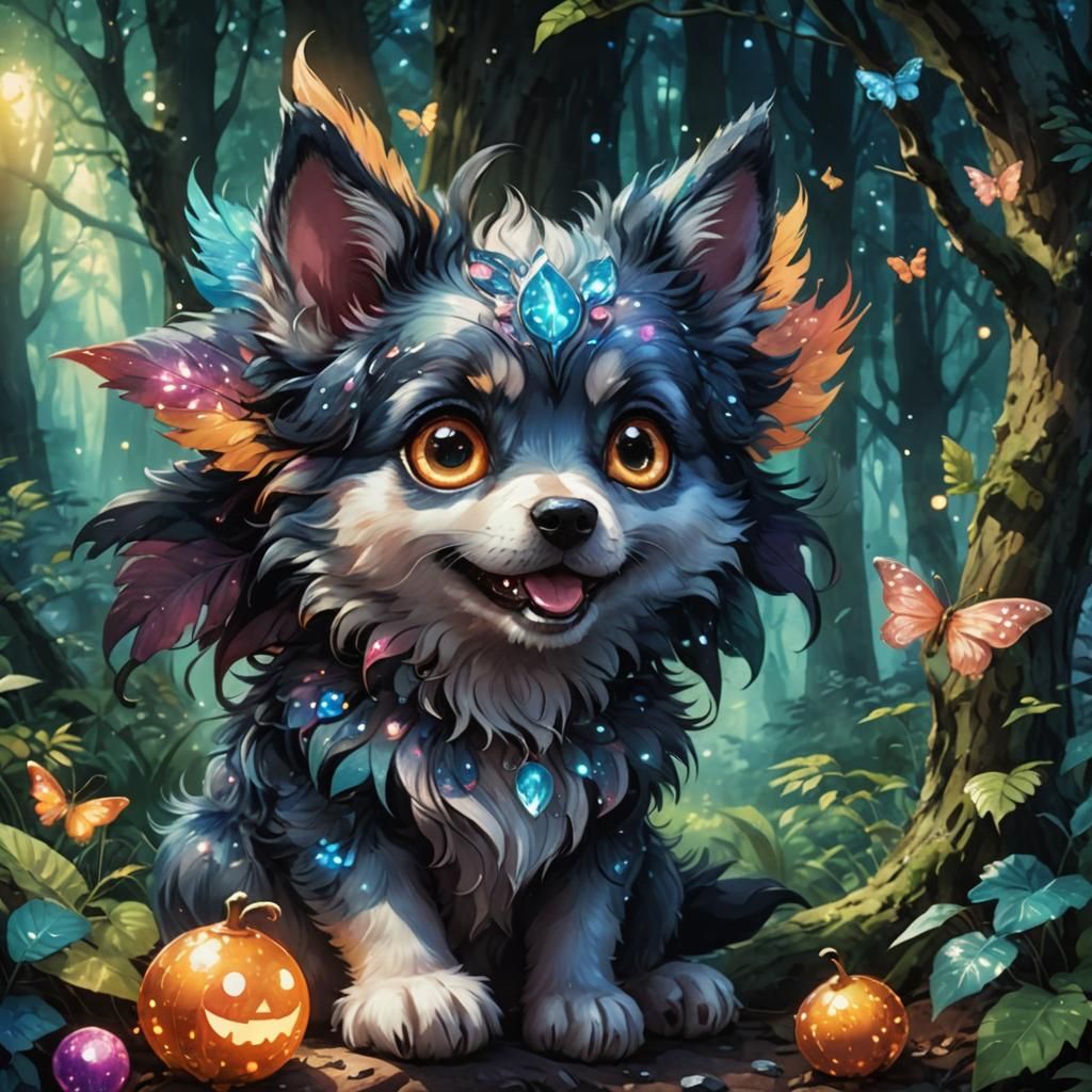 Cute Puppy in Whimsical Anime Style Forest