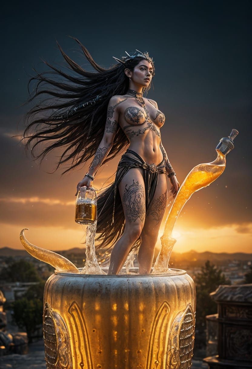 Elf Queen on Beer Fountain, Aesthetic Concept Art