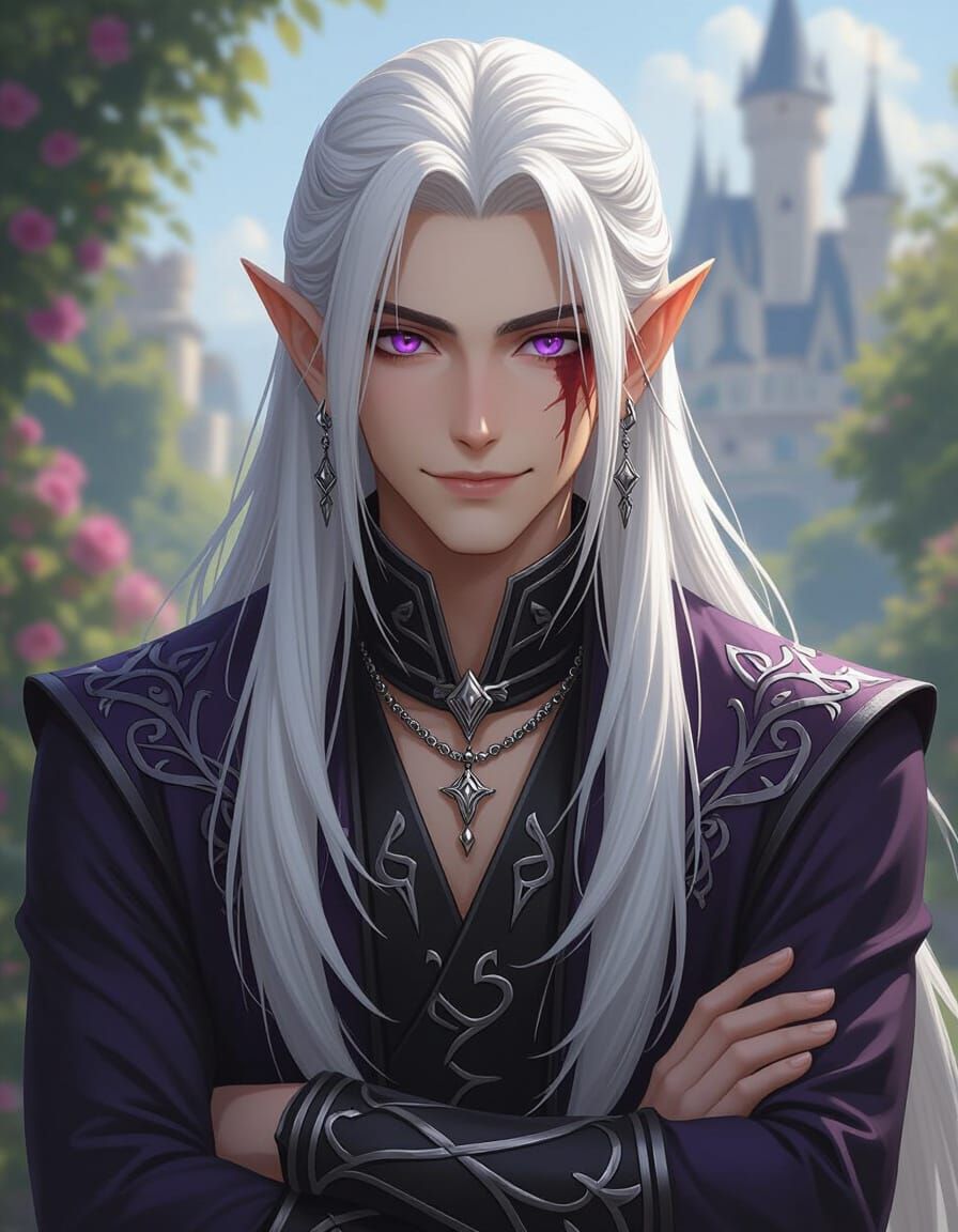 Dark Fantasy Elf with Purple Eyes and Scar